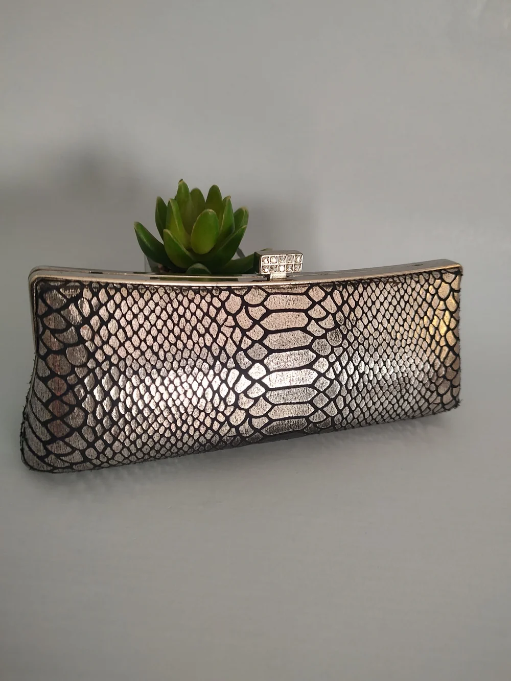 Metallic Snake-Print Evening Clutch with Chain Strap